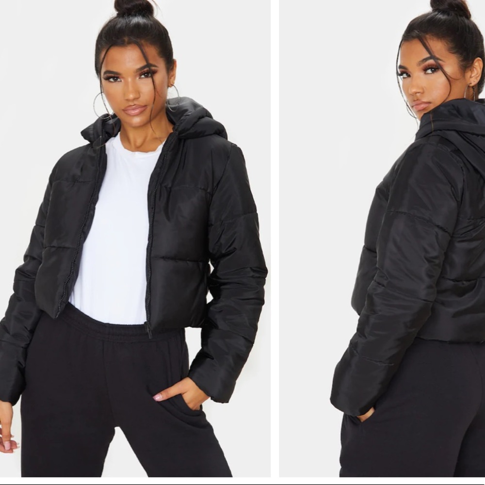 Pretty little thing black puffer jacket with hood